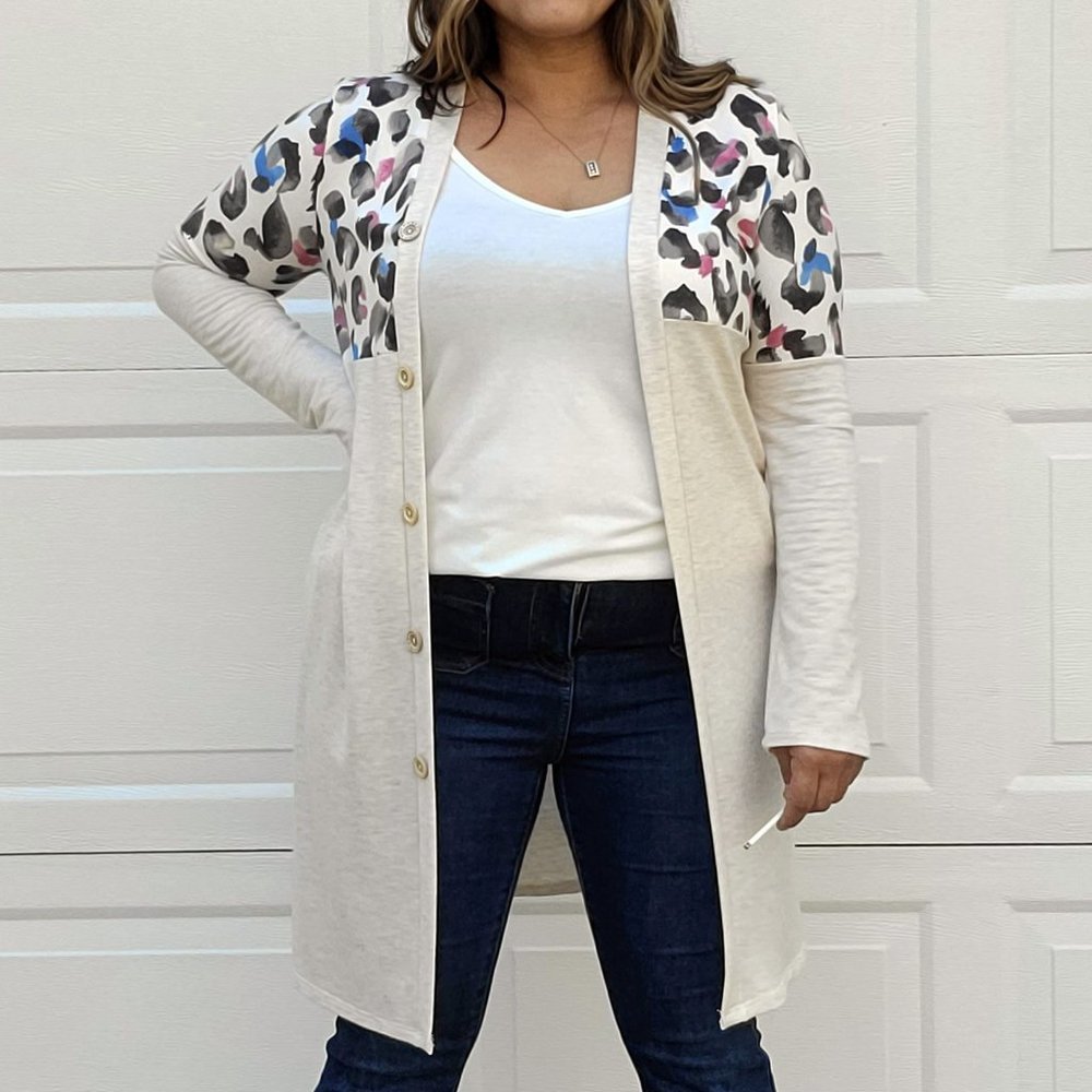 Long Oatmeal & Leopard Print Cardigan - Picture 2 of 2
